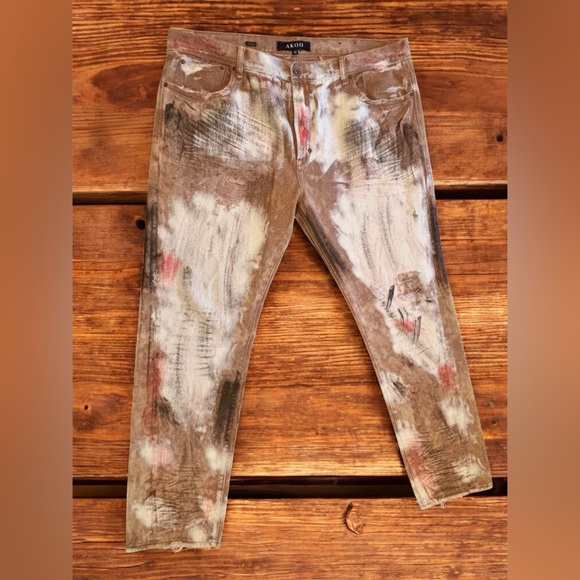 Akoo Men's Artistic Brown and White Straight Jeans Delinquent Series size 42x32 - Picture 1 of 8